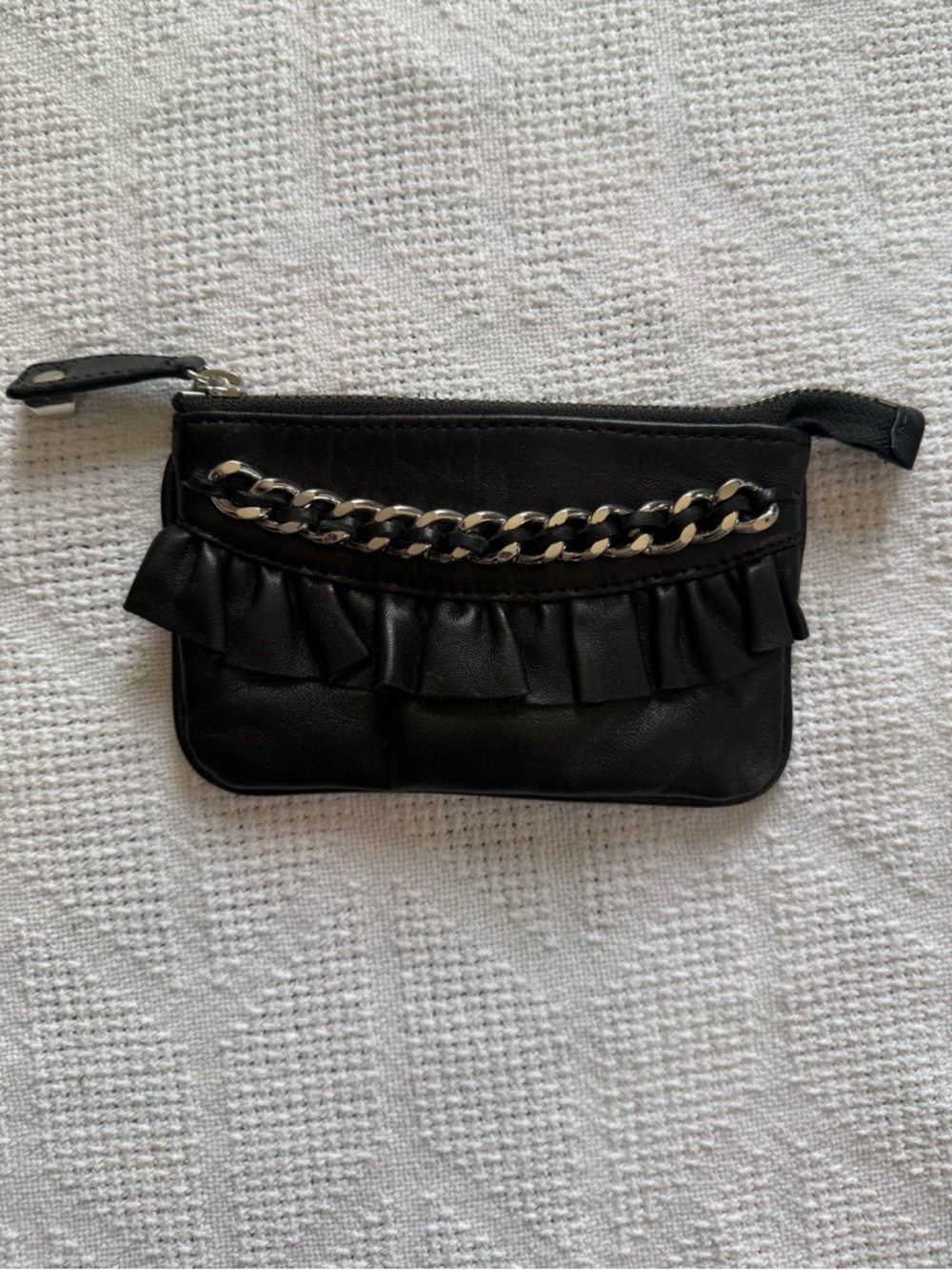 Black Leather Ruffle Chain Wristlet Coin Purse Wallet/Pouch Betsey Johnson